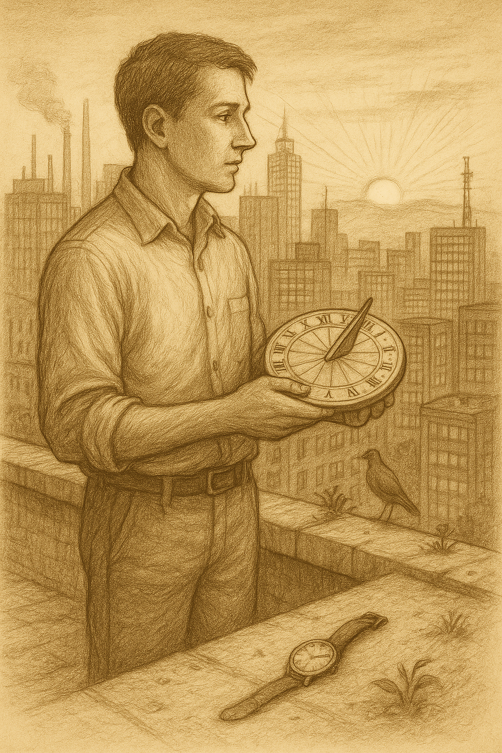 A man with a sundial contemplating the dawn