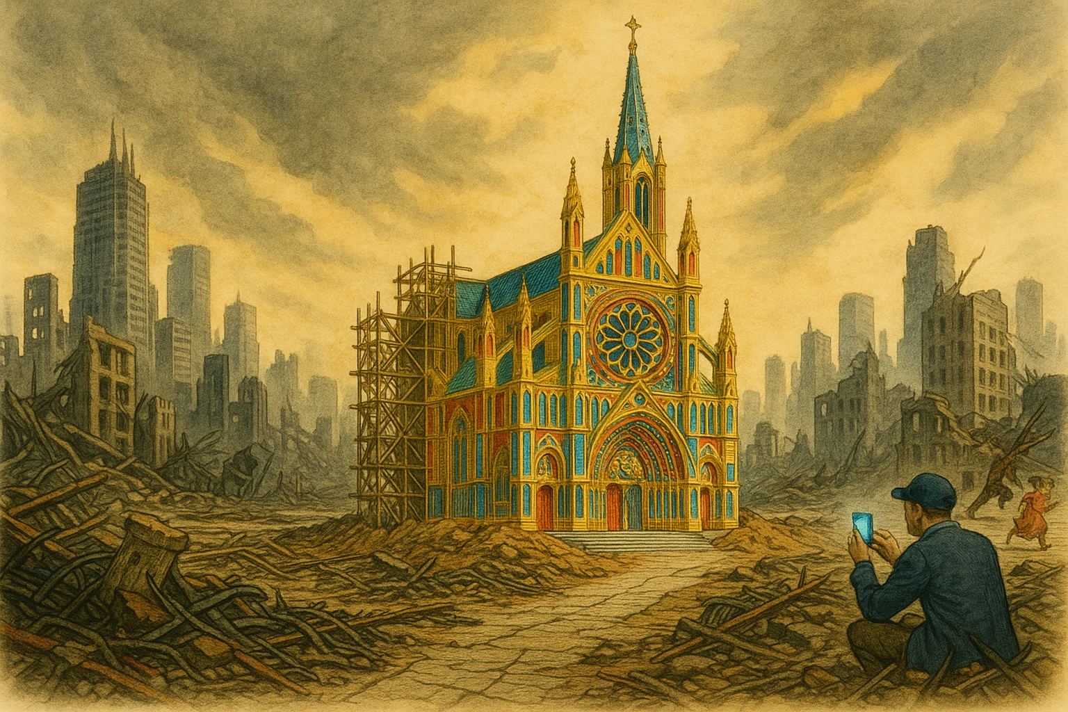 A basilica rising amidst a ruined dystopia